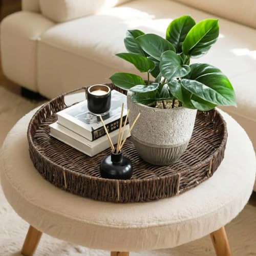Round Ottoman Tray Large Wicker Serving Tray with Handles