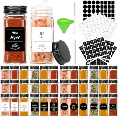 36 Pack 4oz Glass Spice Jars with Black Metal Caps & Shaker Lid (36 Count)