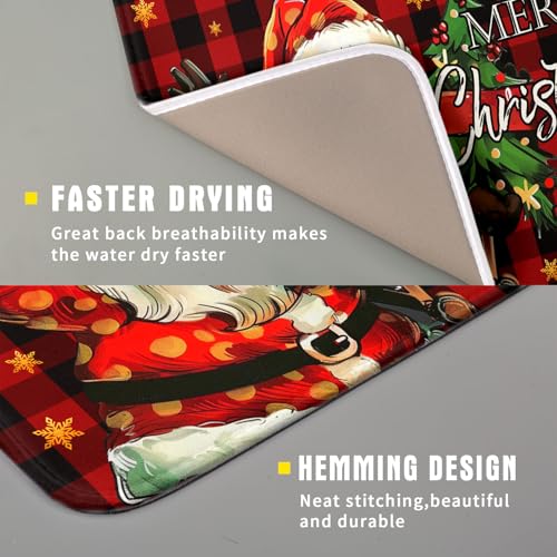 Merry Christmas Santa Claus Red Buffalo Plaid Dish Drying Mat for Kitchen Counter