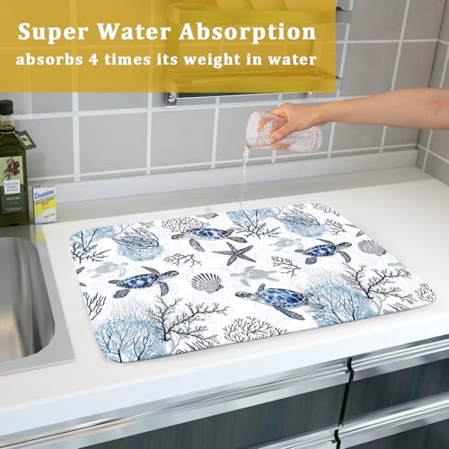 18"x24" Coastal Sea Turtles Dish Drying Mat Nautical Ocean Tortoise Coral Starfish Dish Drainer Mats for Kitchen Microfiber Reversible Dish Drying Rack Pad for Countertop Tabletop Decor