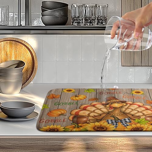 Happy Thanksgiving Turkey Dish Drying Mats Fall Pumpkin Dish Mat Drying Matt Autumn Dishes Dryer Pad for Kitchen Counter Absorbent Microfiber Washable Foldable Reusable 18x24 in