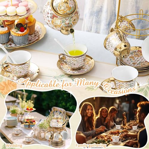 21 Pcs Porcelain Tea Set for Women Tea Party with Metal Holder and 3 Tier Cake Stand Ceramic European Floral Teapot Set for Adults Mother's Day Christmas Thoughtful Gift