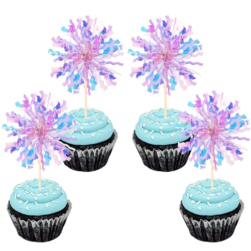 30 PCS Foil Firework Cupcake Toppers Sparkle Tinsel Cupcake Picks Happy Birthday Cake Toppers Drink Stirrers Cocktail Food Fruit Toothpicks for Baby Shower Birthday Party Decorations Supplies Purple (30 Count)