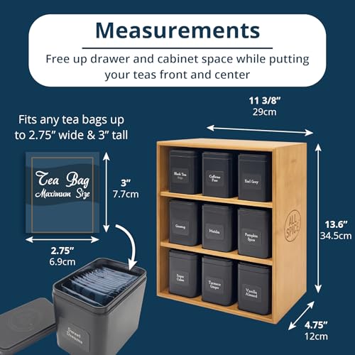 Tea Organizer Rack with 9 Tins & 160 Magnetic Labels