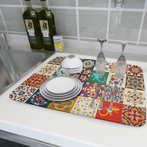 Mexican Tile Dish Drying Mat 18"x24" Talavera Boho Floral Print Dish Drainer Mats Rustic Ethnic Traditional Reversible Large Dish Drying Pad Protector for Kitchen Countertop Decor
