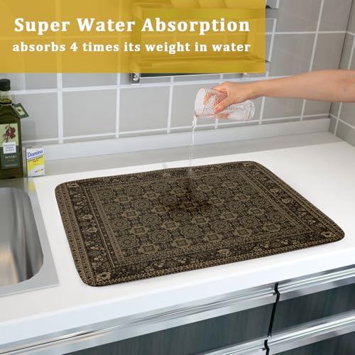 Brown Antique Tabriz Rug Dish Drying Mat for Kitchen Counter