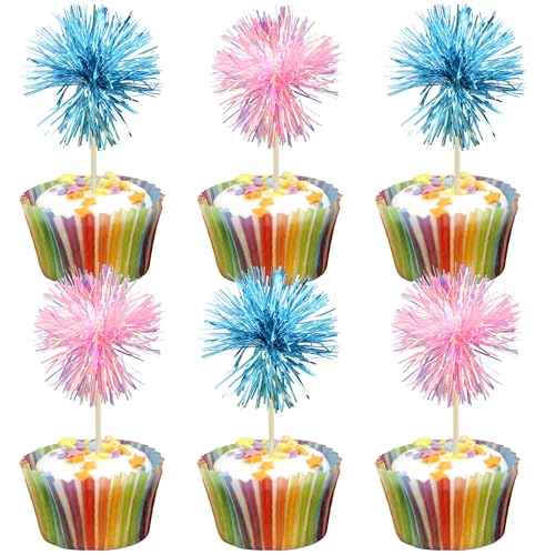 30Pcs Foil Firework Cupcake Toppers Sparkle Tinsel Cake Toppers Tinsel Drink Cake Decoration Cocktail Picks for Birthday Wedding Graduation Party Supplies Light Blue Pink (30 Count)