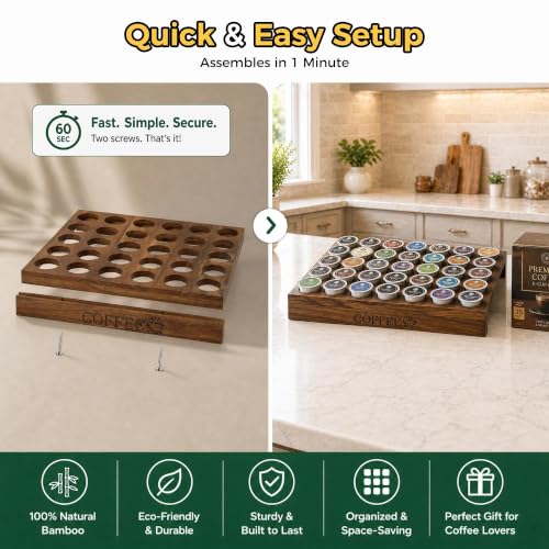 Bamboo K Cup Holder Drawer or Countertop K Cup Organizer Coffee Pod Holder Hold 35 Coffee Pod Storage Kcup Coffee Pods Holder for Coffee Station Office and Kitchen K Cup Storage