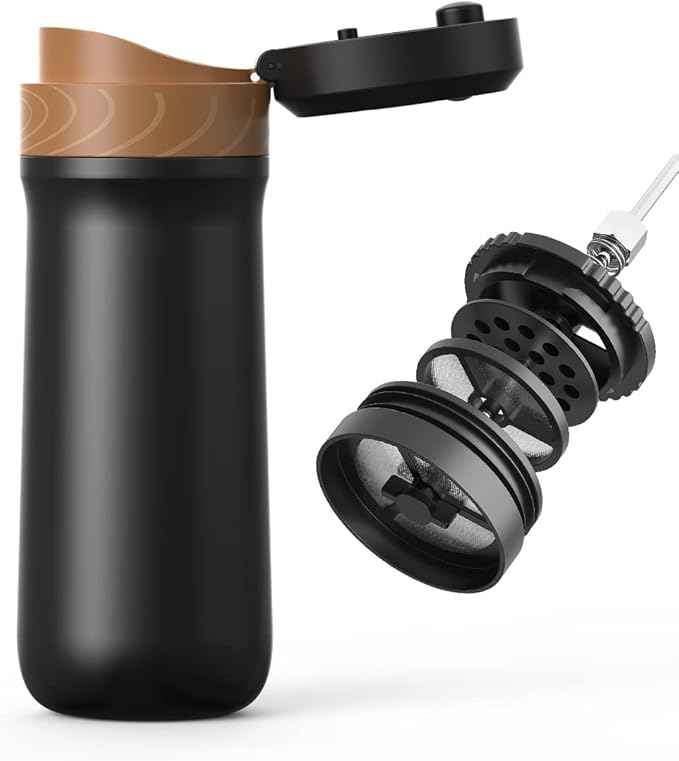 BENFUCHEN Portable French Press Coffee Maker Car-Go Vacuum Insulated Bottle, Travel French Coffee Maker With Unique Filter Stainless Steel Tea/Coffee Mug For Camping, 320ML