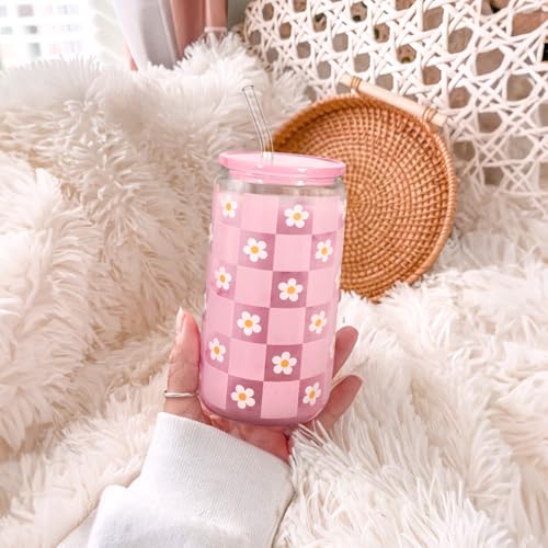 Checkerboard Daisies Glass Can