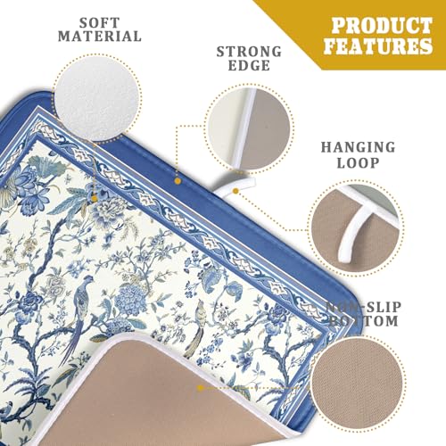 Chinoiserie Dish Drying Mat 16x18in Blue White Oriental Floral Birds Kitchen Drainer Mats Porcelain Flowers Reversible Microfiber Dish Drying Pad Small for Countertop Home Decor