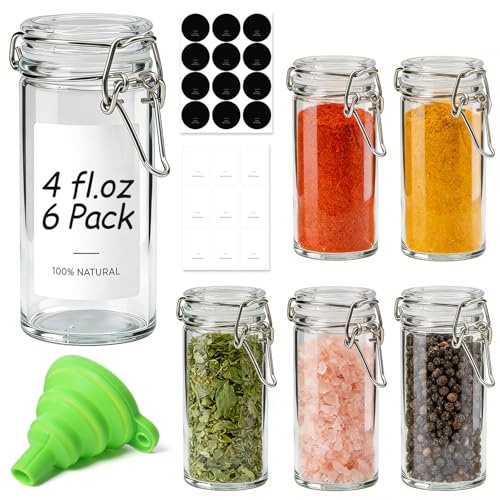 Small Glass Spice Jars with Airtight Lids 4oz 6 Pack with Labels (6 Count)