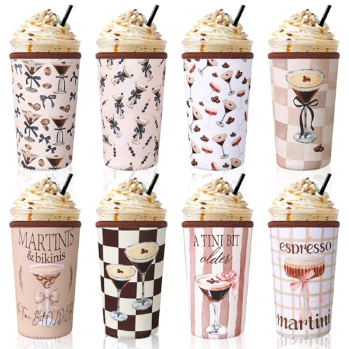 8 Pcs Reusable Sleeves for Iced Coffee Cup Pink Bow Cup Coolie Espresso Martini Reusable Coffee Insulator Sleeves Neoprene Insulated Holder for Iced & Hot Drinks (8 Count)