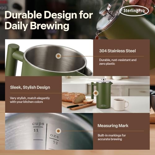 Non Toxic Large Insulated Stainless Steel French Press Coffee Maker 51oz Capacity