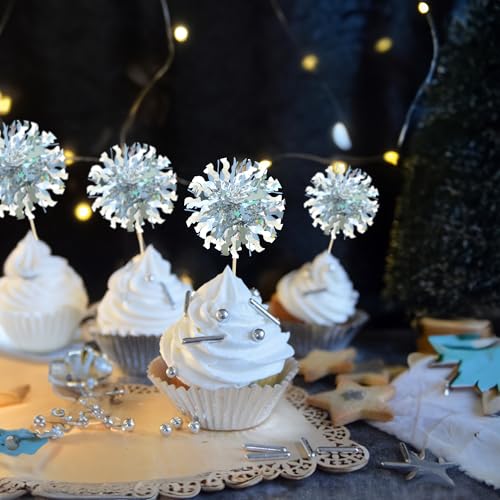 30Pcs Foil Firework Cupcake Toppers Happy Birthday Cake Toppers Tinsel Flower Drink Stirrers Cocktail Food Fruit Toothpicks for Valentine's Day Party Decorations Silver (30 Count)