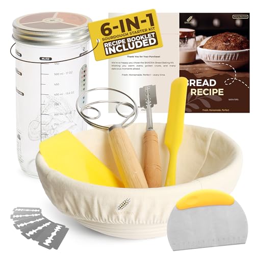 9" Round Banneton Bread Proofing Basket Set with Starter Jar