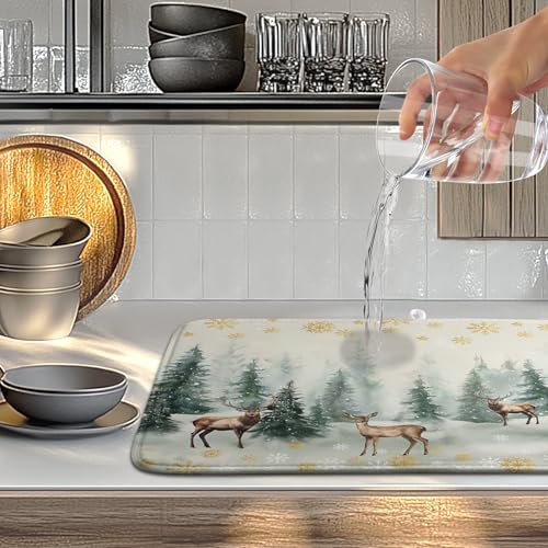 Winter Deer Snowflakes Dish Drying Mat Christmas Snow Forest Large Kitchen Mats Dish Drying Pad Absorbent Dish Dryer Mat for Kitchen Countertops Microfiber Drainer Pad Dish Drying Mats