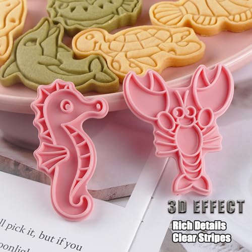 8 Pcs Ocean Cookie Cutters Set Baking Molds 3D Ocean Press type Cookie Cutter for Baking