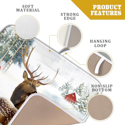 Winter Deer Dish Drying Mat 16"x18" Xmas Tree Bird Holly Berry Dish Drainer Mats Elk Moose Snow Cottage Farmhouse Reversible Small Dish Drying Pad Protector for Kitchen Countertop Decor