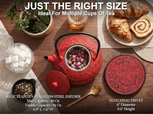 40 Oz Red Dragon Cast Iron Teapot