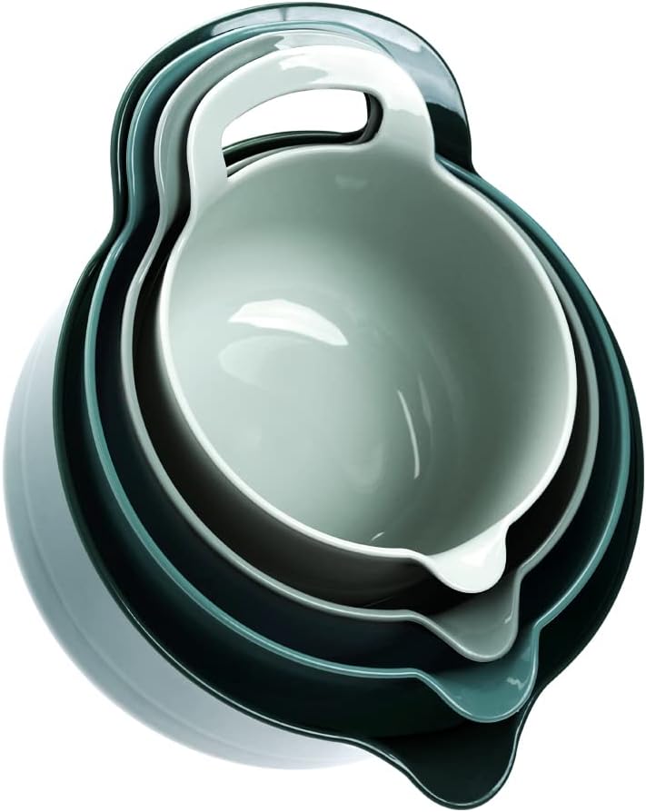 BoxedHome 4 Pack Nesting Mixing Bowl with Pour Spout and Handle, BPA free Microwave & Dishwasher Safe(Green, 4 Pack with Handle)