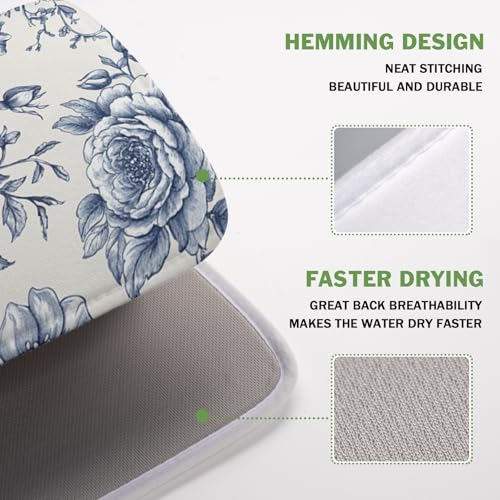Vintage Floral Dish Drying Mat for Kitchen Counter Blue Floral Chinoiserie Pattern Dish Drying Pad 16x18 In Absorbent French Farmhouse Decor Dishes Drainer Pad Dish Dry Rack Mat for Counter Coffee Bar