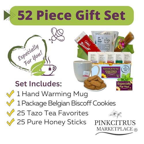 Tea And Cookie Lovers Gift Set Basket Box Care Package With Honey Sticks And White Bistro Mug Thinking Of You (52 Count)