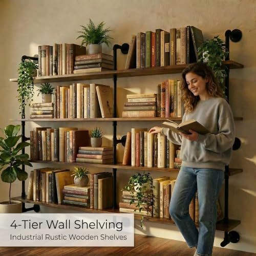 70 Inch Industrial Pipe Wall Shelves Pipe Shelving with Real Wood Plank (4 Count)