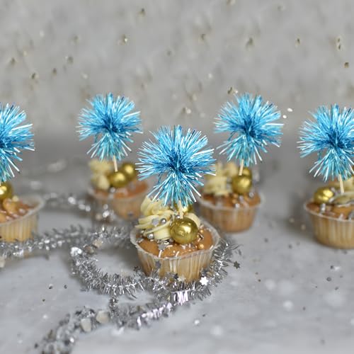 30Pcs Foil Firework Cupcake Toppers Sparkle Tinsel Cake Toppers Tinsel Drink Cake Decoration Cocktail Picks for Birthday Wedding Graduation Party Supplies Lake Blue (30 Count)