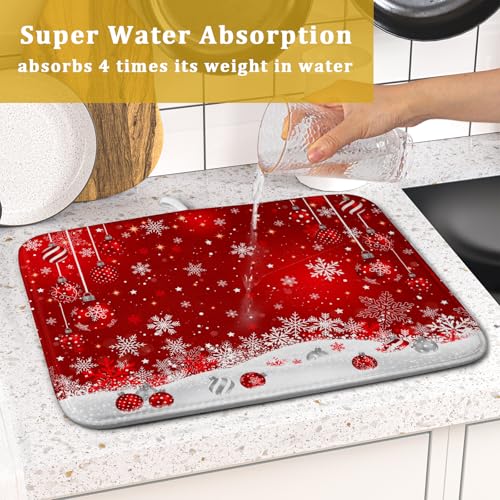Xmas Balls Dish Drying Mat for Kitchen Countertop Winter Red White Snowflakes Dish Drainer Mats 16x18inch Reversible Dish Drying Rack Pad Protector for Dining Holiday New Year Decor