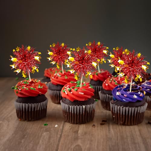 30Pcs Foil Firework Cupcake Toppers Party Birthday Cake Toppers Supplies Sparkle Tinsel Cocktail Fruit Toothpick for Birthday Wedding Graduation Party Red (30 Count)