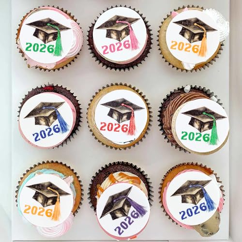 48Pcs Edible 2026 Graduation Theme Cupcake Toppers Wafer Paper Graduate Hat Grad Cap Cupcake Picks 2026 Students Graduation Theme Party Cake Decorations Supplies Multi (48 Count)