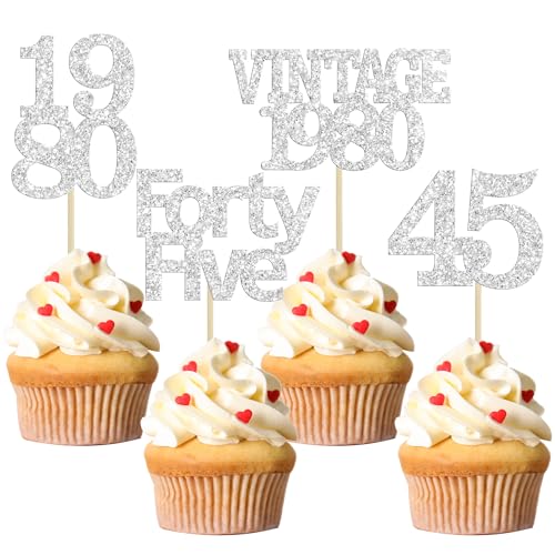 24Pcs 45th Birthday Cupcake Toppers Glitter Cheers to 45 Fabulous Forty Five Vintage 1980 Cupcake Picks 45th Birthday Wedding Anniversary Party Cake Decorations Supplies Silver (24 Count)