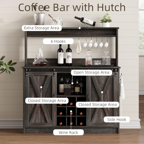 47" Coffee Bar Cabinet with Storage Hutch & Wine Rack