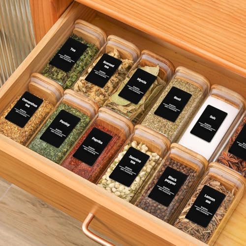 Glass Spice Jars with Labels 10 oz 6 Pack Large Square Bamboo Lids (6 Count)