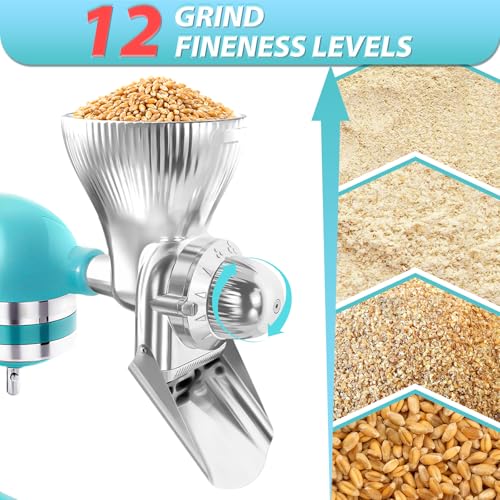 All Metal Grain Mill Attachment for KitchenAid Stand Mixers with 12 Grind Level Wheat Grinder Flour Mill for Sourdough Baking