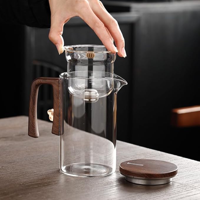Enchanti Magic Tea Pot, 720ML Water Separation Glass Teapot with Wooden Handle, Press Control Enchanti Tea Infuser with Strainer for Loose Tea Witchcraft Tea Kettle