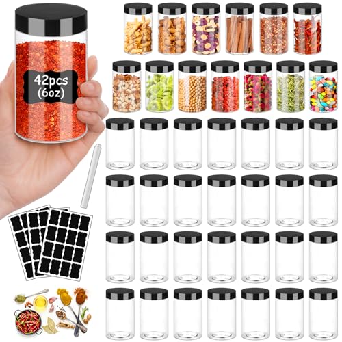 Plastic Jars with Lids 6OZ 42PCS Small Empty Slime Cosmetics Containers Clear Gift Food Jars Round PET Cream Jars with Black Lids Pen Labels for Kitchen Storage Spices Dry Food Body Butter (42 Count)