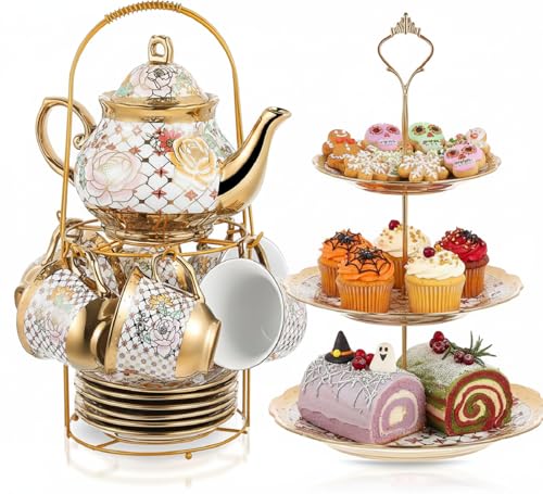 21 Pcs Porcelain Tea Set for Women Tea Party with Metal Holder and 3 Tier Cake Stand Ceramic European Floral Teapot Set for Adults Mother's Day Christmas Thoughtful Gift