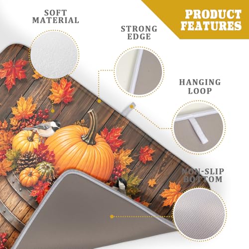 Autumn Dish Drying Mat for Kitchen Countertop Fall Pumpkin Maple Leaf Birds Dish Drainer Mats 18x24inch Rustic Wood Board Grain Dish Drying Rack Pad Protector for Dining Seasonal Decor