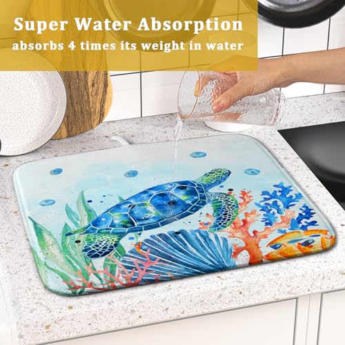 Sea Turtle Dish Drying Mat 16x18in Watercolor Blue Tortoise Dish Drainer Mats Nautical Ocean Coral Seashell Seaweed Microfiber Dish Drying Pad for Kitchen Countertop Small Decor