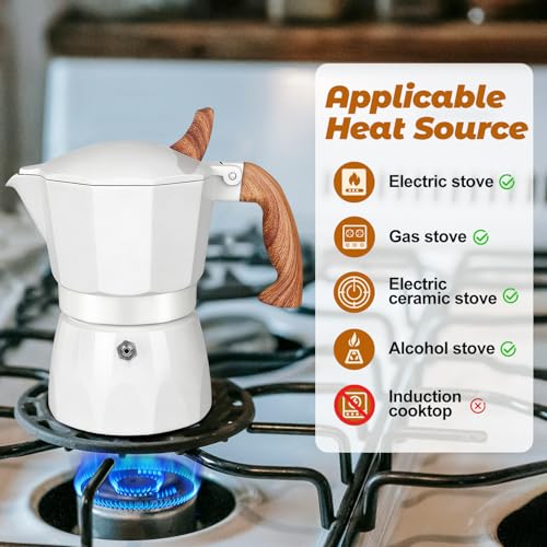 3 Cup Aluminum Moka Pot Classic Stovetop Espresso Coffee Maker 150ml 5oz Coffeemaker Percolator Mocha Pot Greca Coffee Maker Cafe Makers for Italian and Cuban Café Brewing White