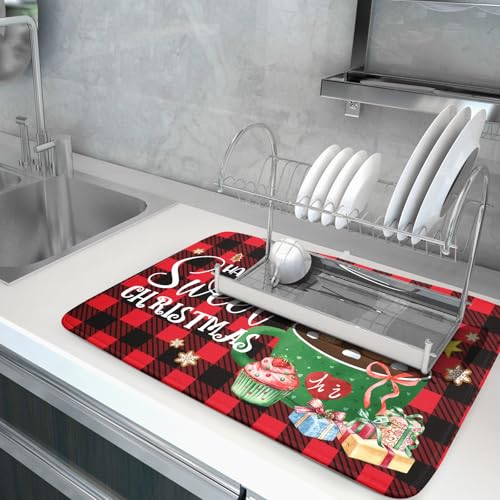 Gingerbread Man Dish Drying Mat Large 18x24inch Have A Sweet Christmas Red Black Buffalo Plaids Dish Drainer Mats Winter Hot Cocoa Cookies Fast Drying Dish Drying Pad for Kitchen Counter
