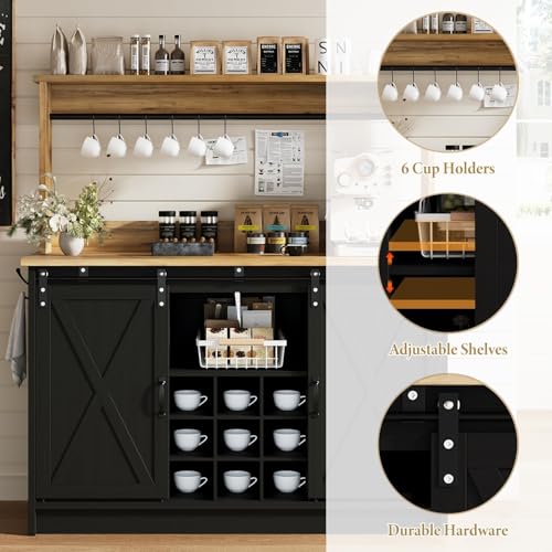 47" Coffee Bar Cabinet with Storage Hutch & Wine Rack