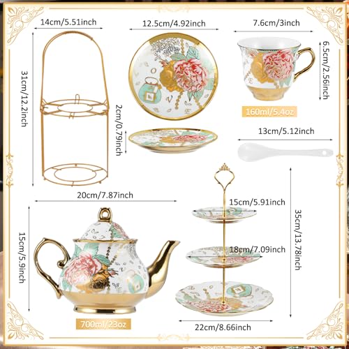 21 Pcs Porcelain Tea Set for Women Tea Party with Metal Holder and 3 Tier Cake Stand Ceramic European Floral Teapot Set for Adults Mother's Day Christmas Thoughtful Gift