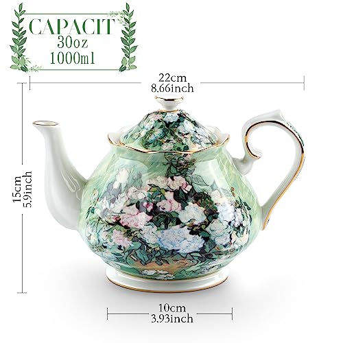 Teapot 30 oz Vangogh Paintings Bone China Loose Tea Pot Floral Design Vintage Ceramic Coffee Water Pot European Style Porcelain (30 Ounce)