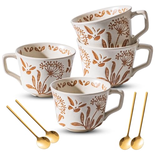Ceramic Mugs 11 oz Unique Luxurious Cups Set of 4 with Premium Spoon