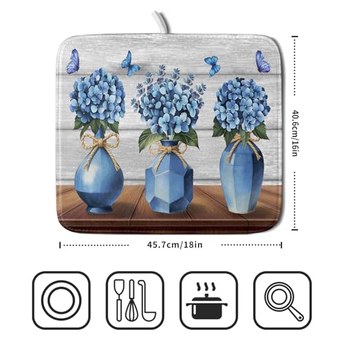 Blue Hydrangea Dish Drying Mat for Kitchen Vintage Wood Board Floral Butterfly Dish Drainer Mats 16x18inch Rustic Flowers Dish Drying Rack Pad Protector for Countertop Dining Decor