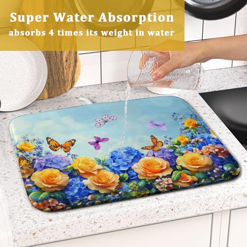 Spring Blue Yellow Hydrangeas Flowers Dish Drying Mat for Kitchen Counter