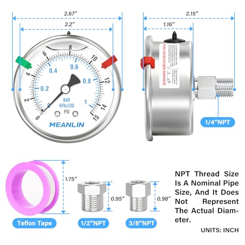 0~15Psi Stainless Steel Liquid Filled Pressure Gauge 2.5" FACE DIAL 1